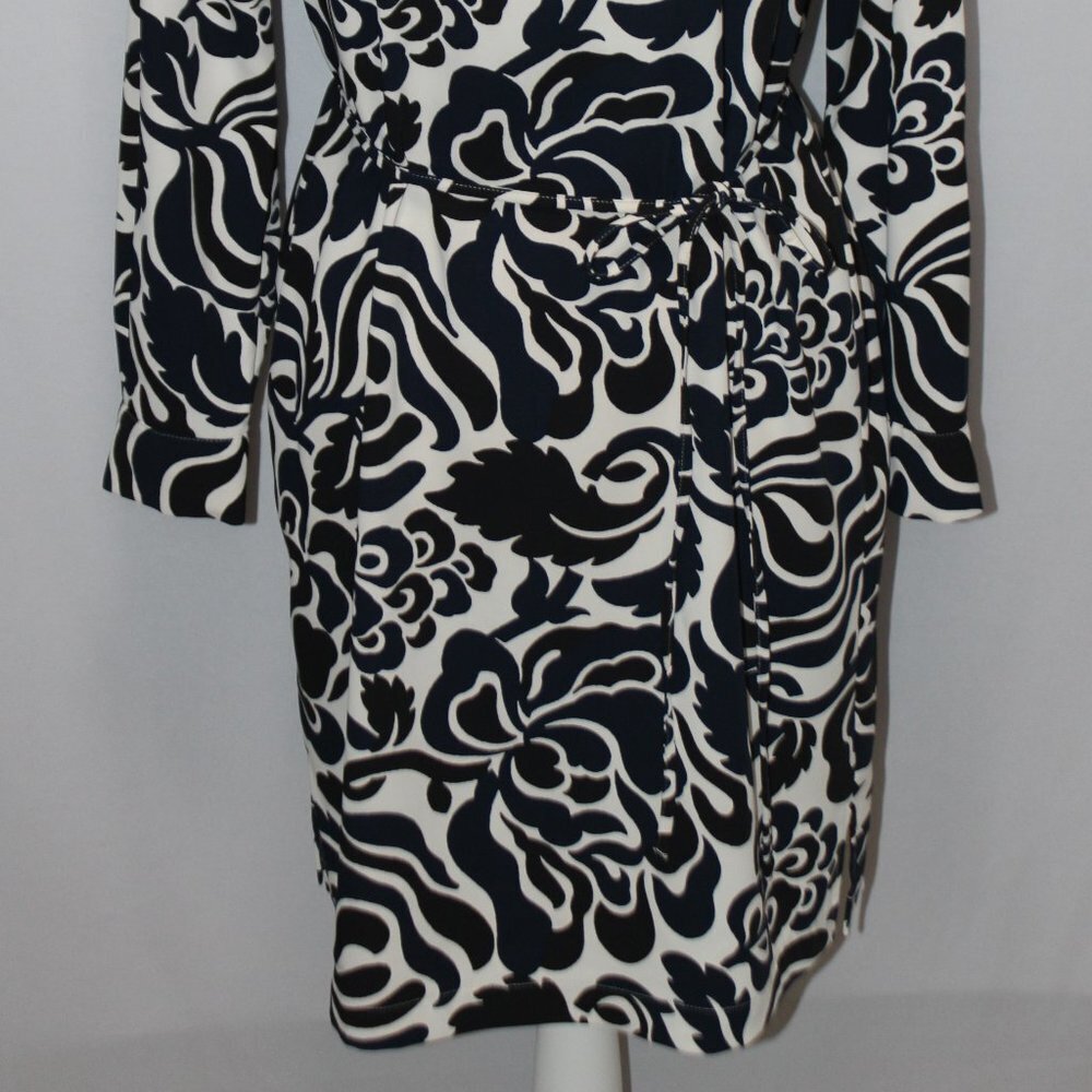 Loft Navy Black and White Long Sleave Straight lined Floral Dress with Tie - Picture 3 of 13